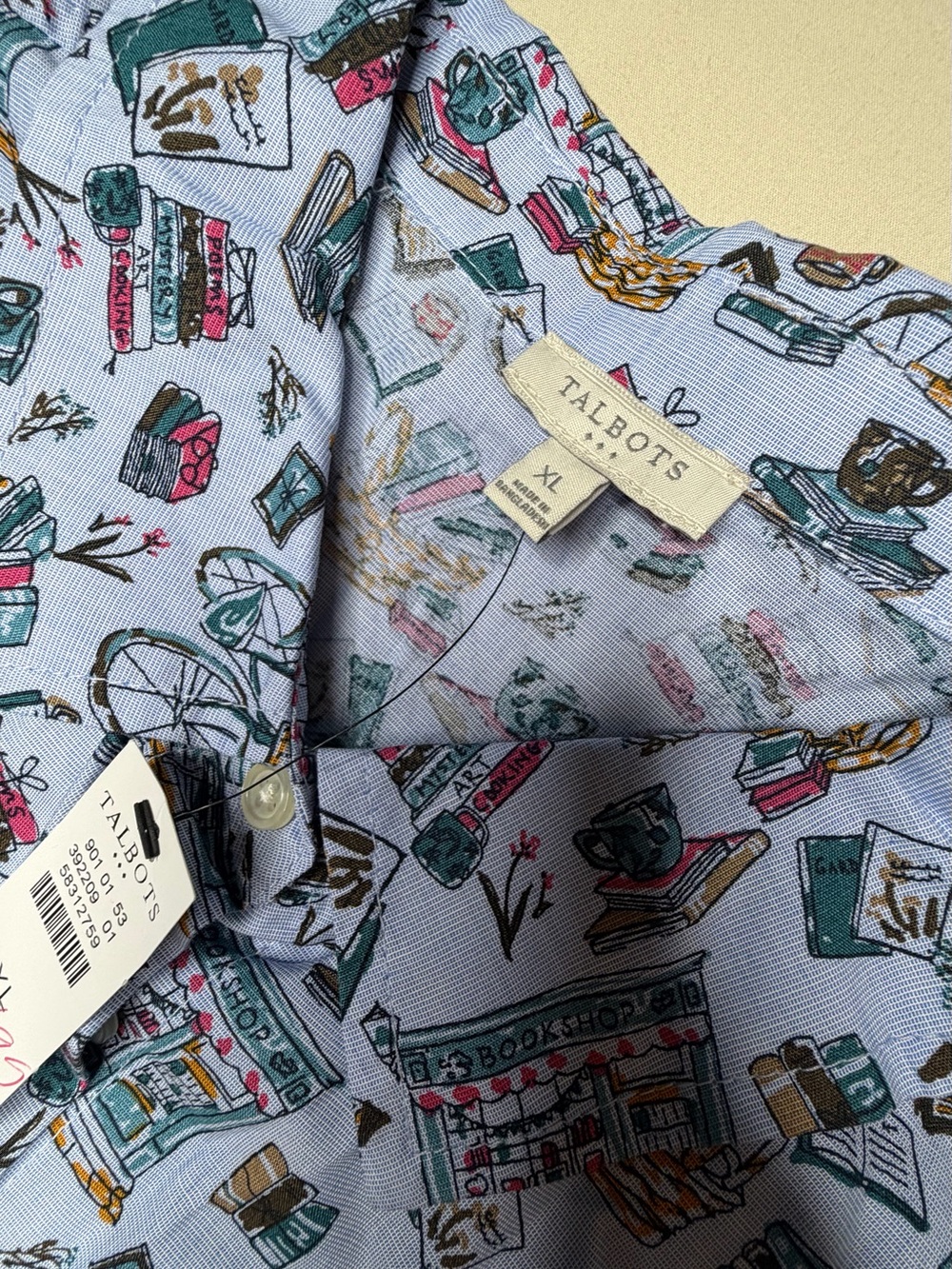 Talbots Light Blue Novelty Print Button-Up Shirt with Multicolor NWT 740 - Picture 2 of 5